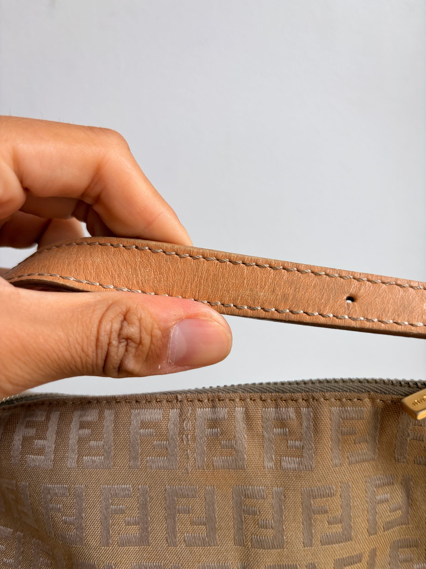 Fendi Zucchino Mini Pouch in Tan with Leather Handle