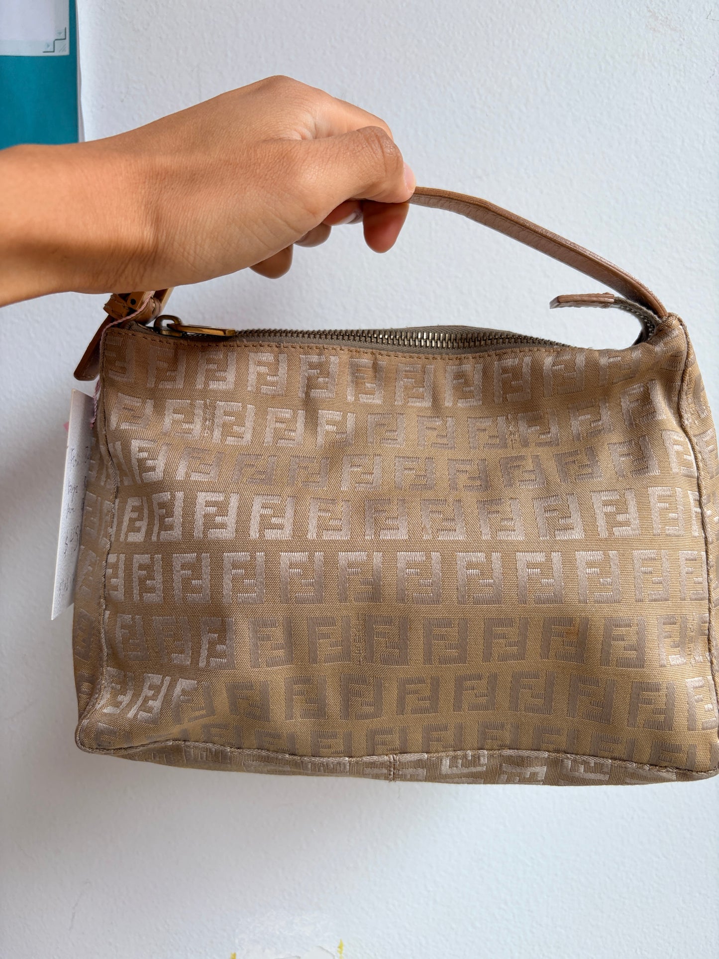 Fendi Zucchino Mini Pouch in Tan with Leather Handle