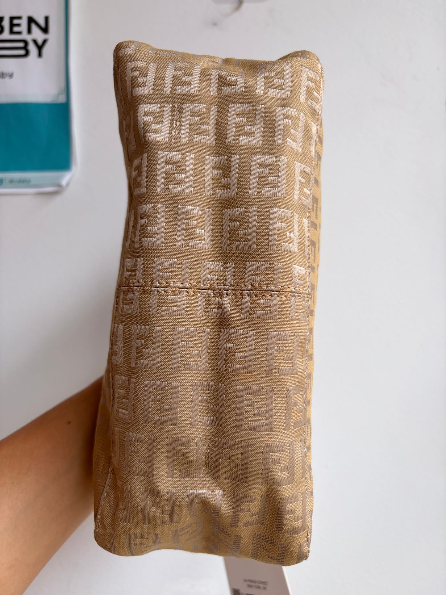 Fendi Zucchino Mini Pouch in Tan with Leather Handle