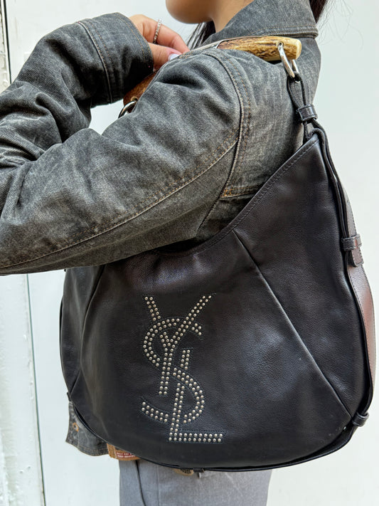 Yves Saint Laurent Mombasa Y2K Rive Gauche Black Leather Studded Logo Horn Handle Shoulder Bag