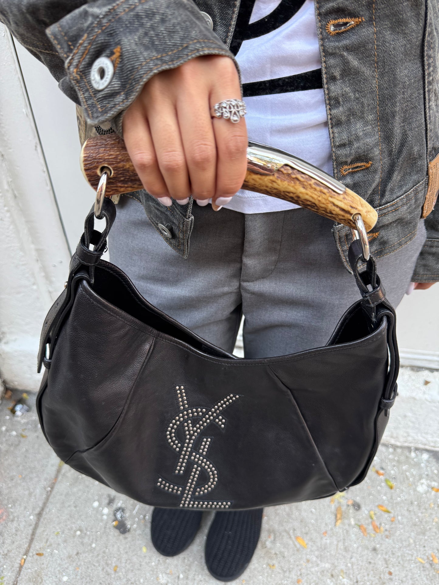 Yves Saint Laurent Mombasa Y2K Rive Gauche Black Leather Studded Logo Horn Handle Shoulder Bag