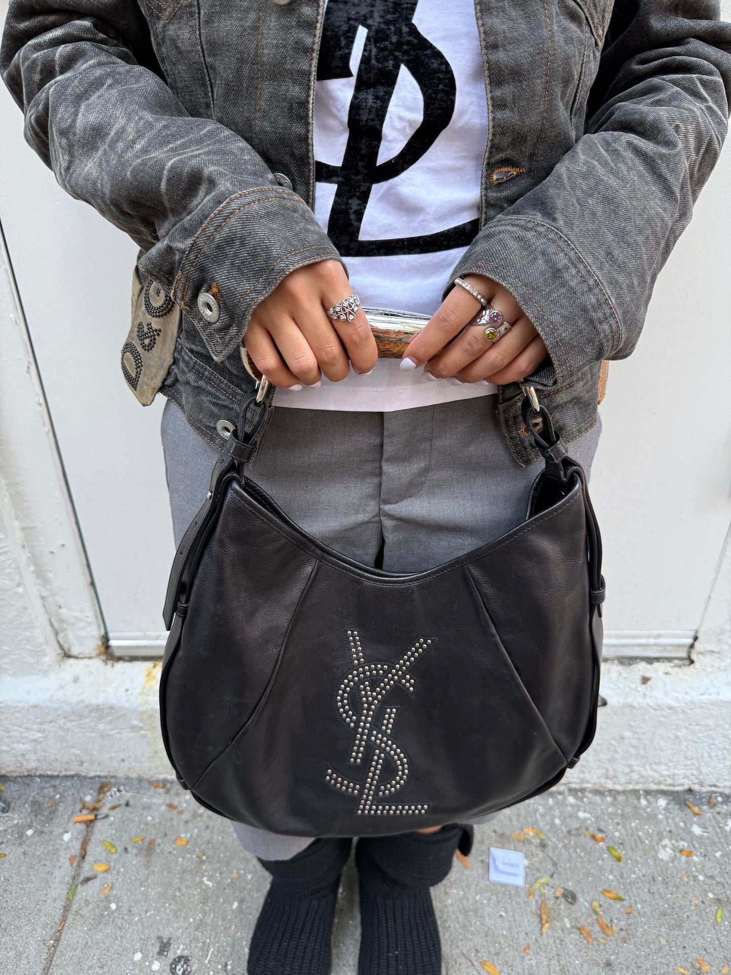 Yves Saint Laurent Mombasa Y2K Rive Gauche Black Leather Studded Logo Horn Handle Shoulder Bag