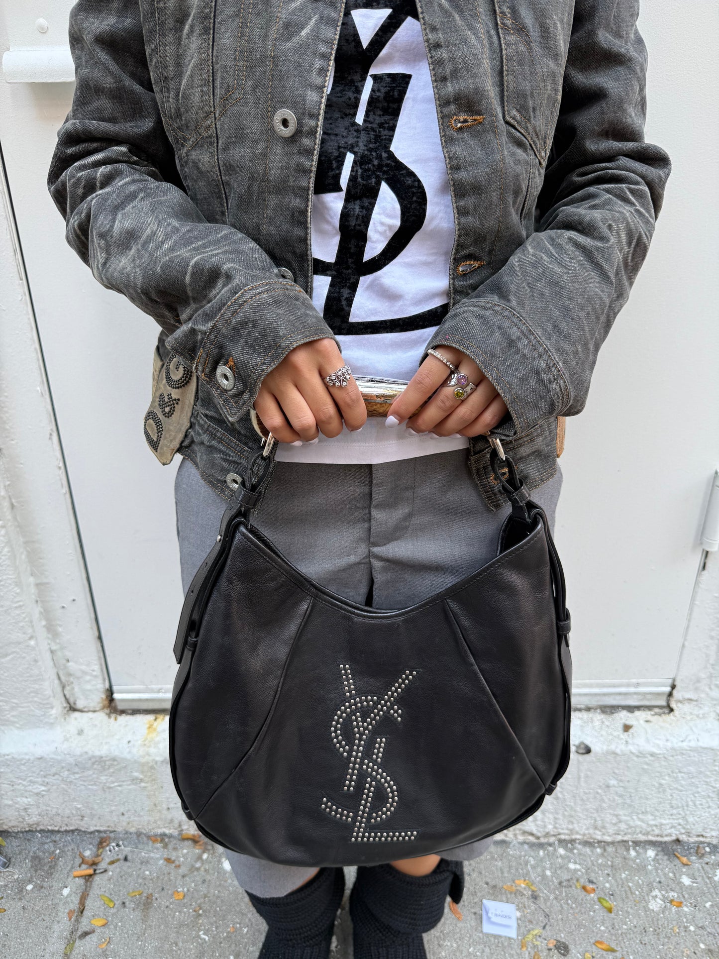 Yves Saint Laurent Mombasa Y2K Rive Gauche Black Leather Studded Logo Horn Handle Shoulder Bag