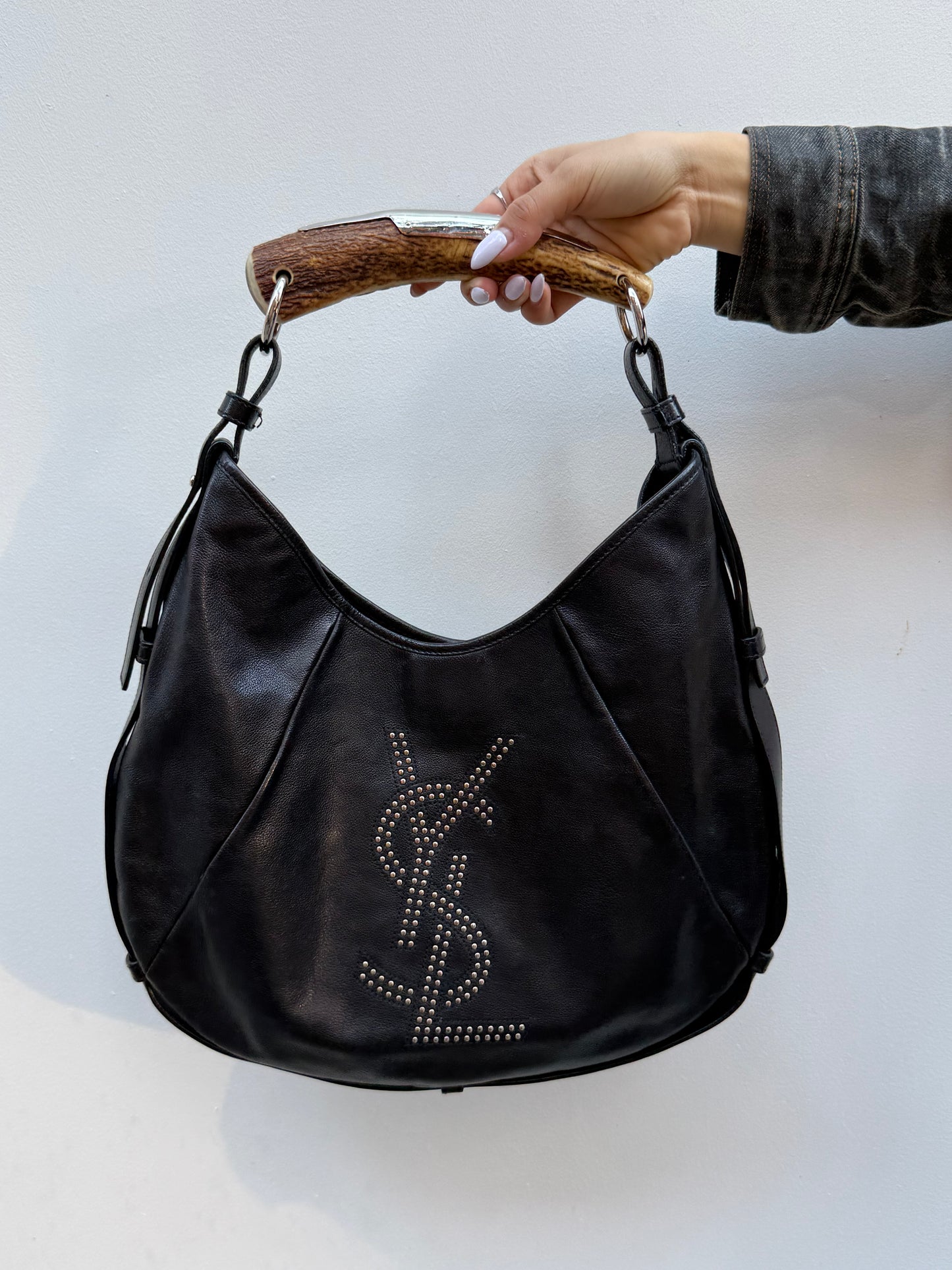 Yves Saint Laurent Mombasa Y2K Rive Gauche Black Leather Studded Logo Horn Handle Shoulder Bag