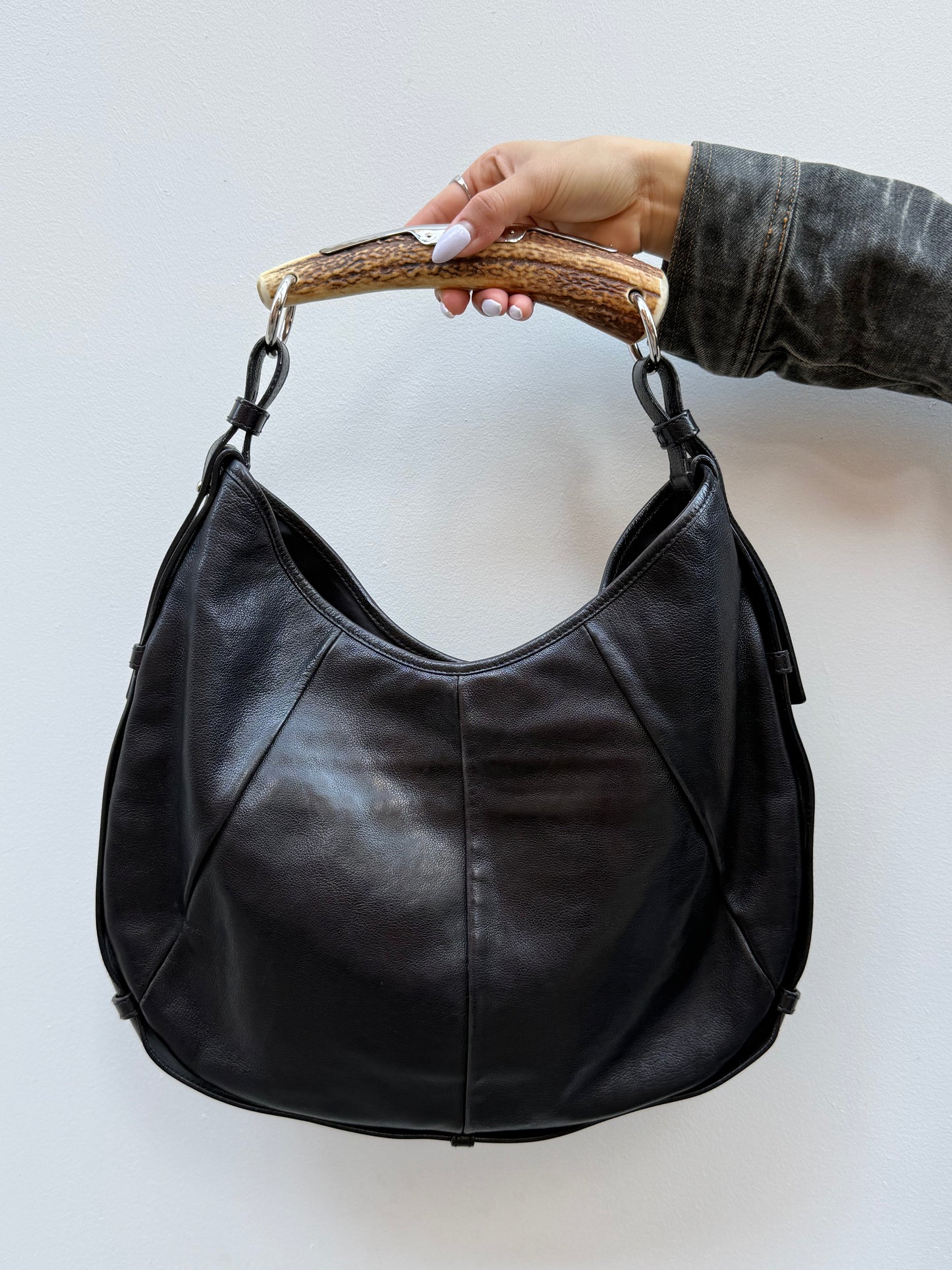 Yves Saint Laurent Mombasa Y2K Rive Gauche Black Leather Studded Logo Horn Handle Shoulder Bag