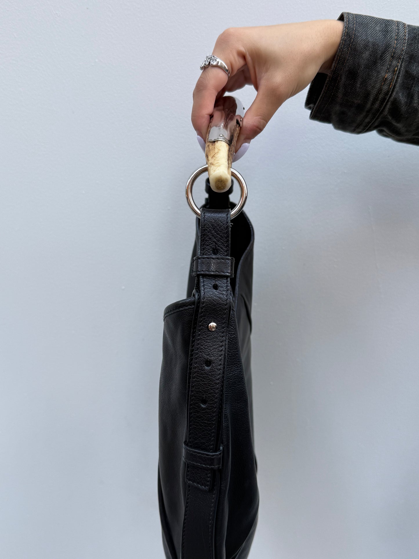 Yves Saint Laurent Mombasa Y2K Rive Gauche Black Leather Studded Logo Horn Handle Shoulder Bag