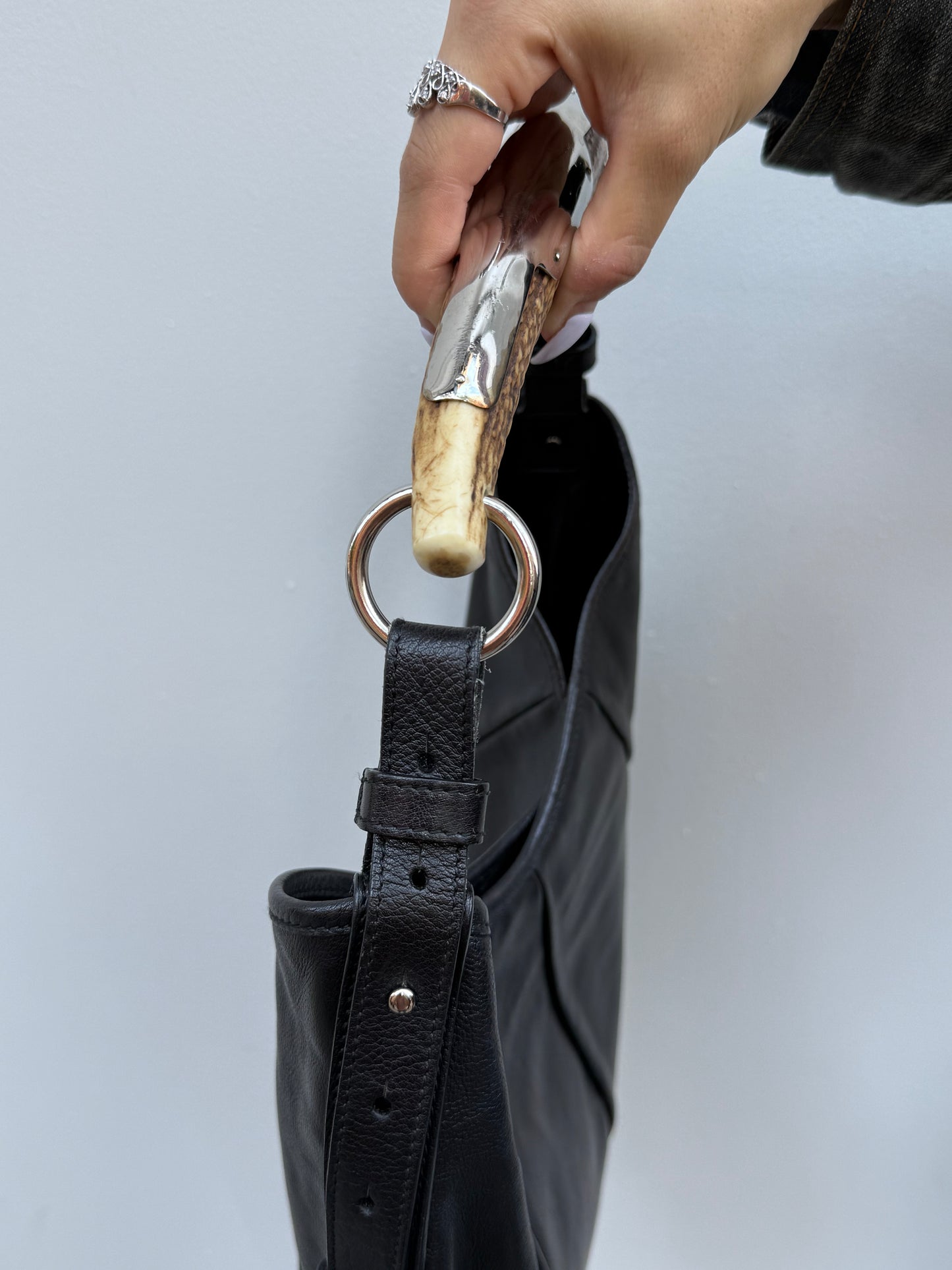 Yves Saint Laurent Mombasa Y2K Rive Gauche Black Leather Studded Logo Horn Handle Shoulder Bag