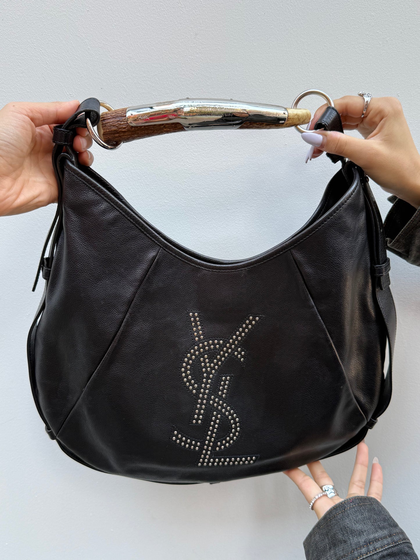Yves Saint Laurent Mombasa Y2K Rive Gauche Black Leather Studded Logo Horn Handle Shoulder Bag