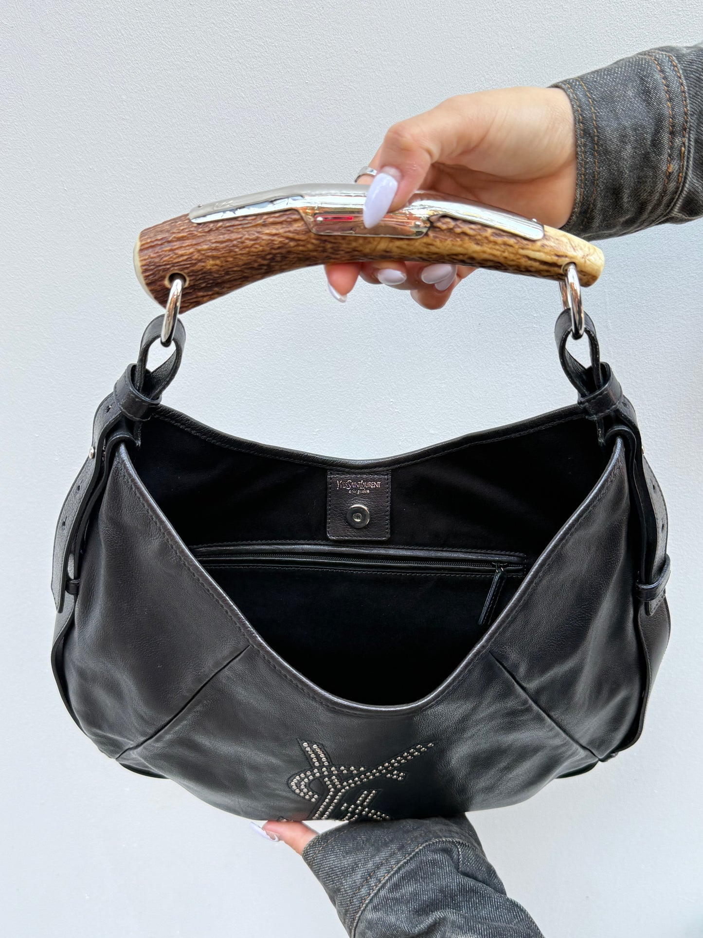Yves Saint Laurent Mombasa Y2K Rive Gauche Black Leather Studded Logo Horn Handle Shoulder Bag