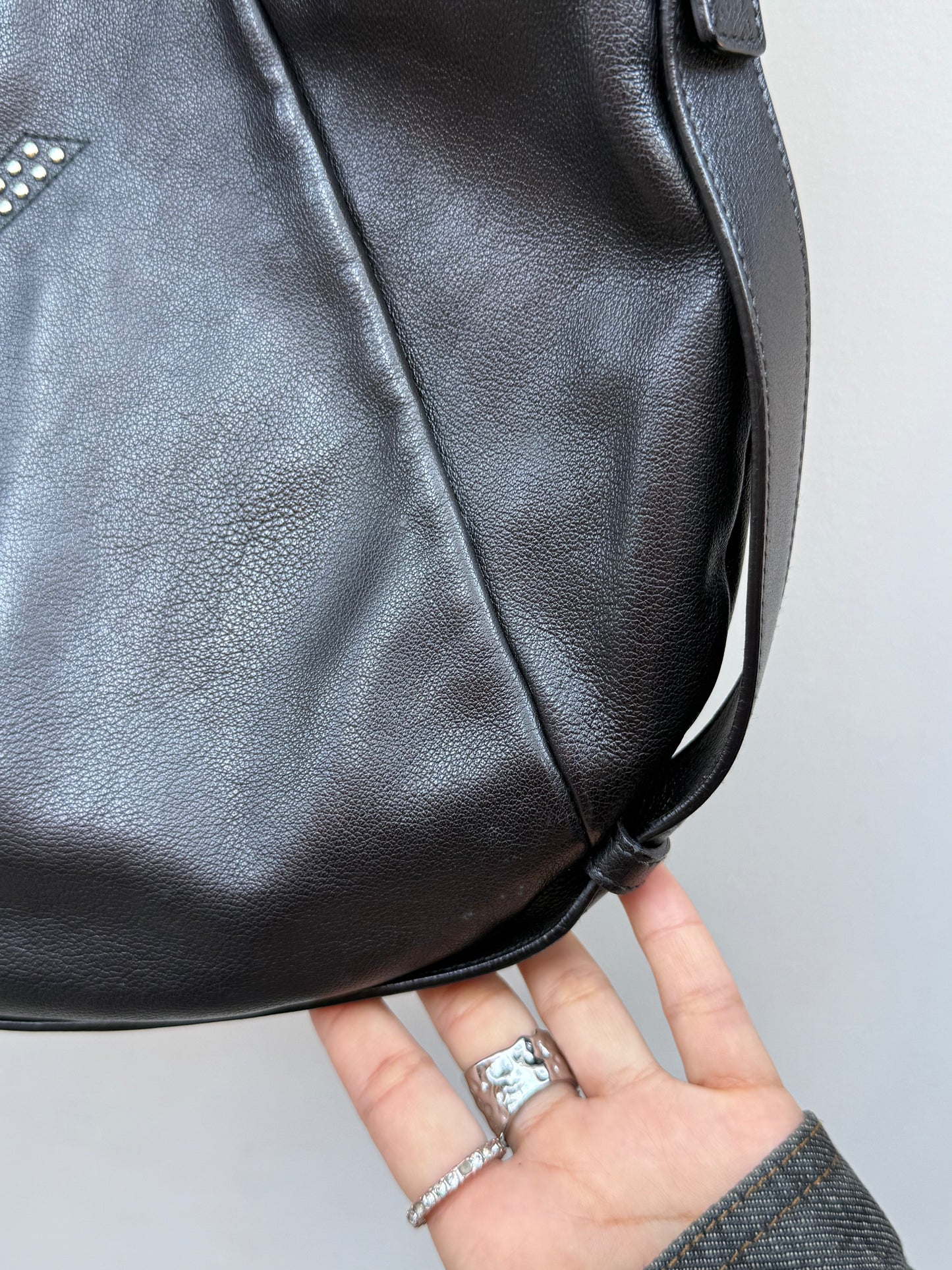 Yves Saint Laurent Mombasa Y2K Rive Gauche Black Leather Studded Logo Horn Handle Shoulder Bag