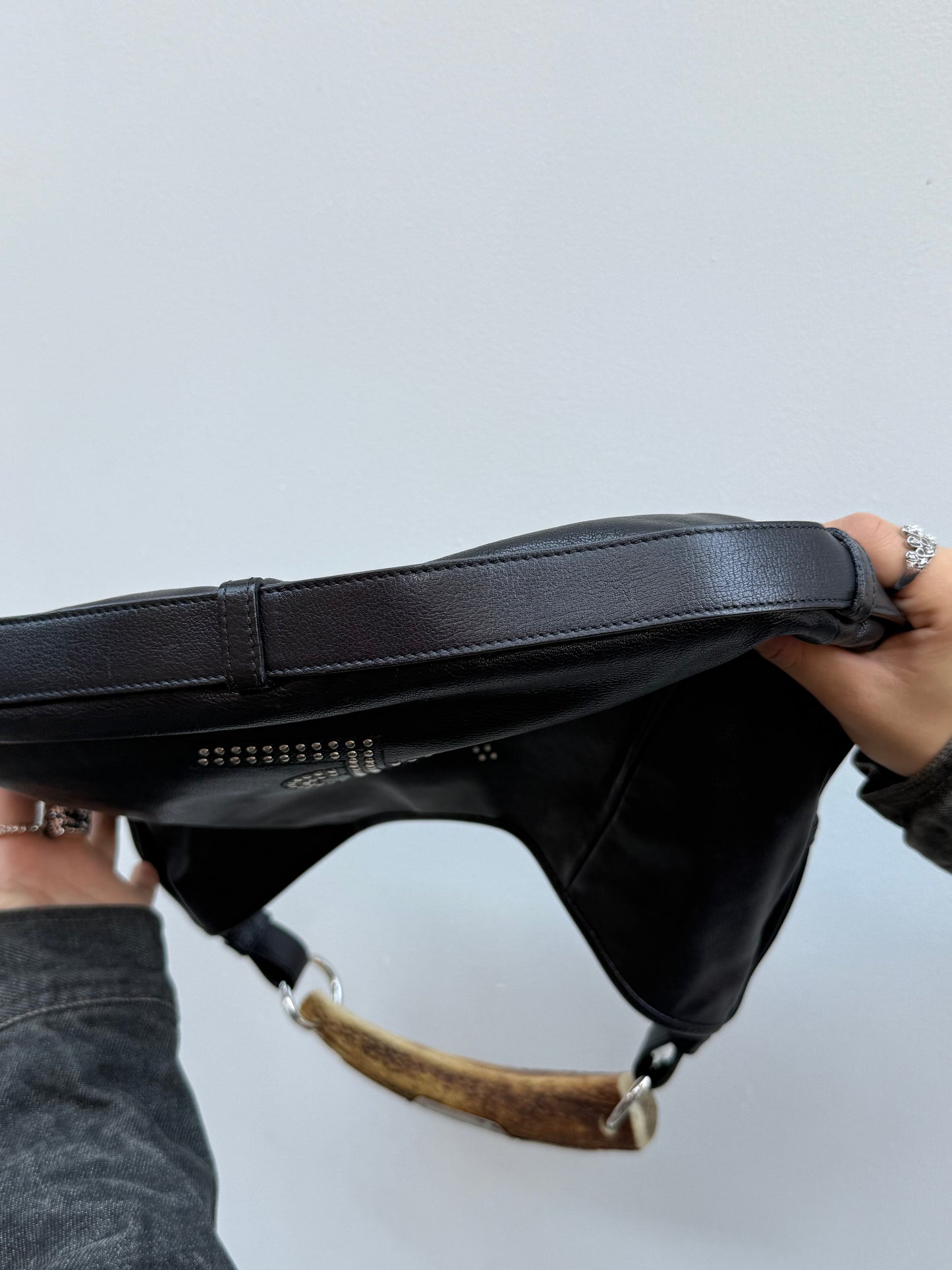 Yves Saint Laurent Mombasa Y2K Rive Gauche Black Leather Studded Logo Horn Handle Shoulder Bag
