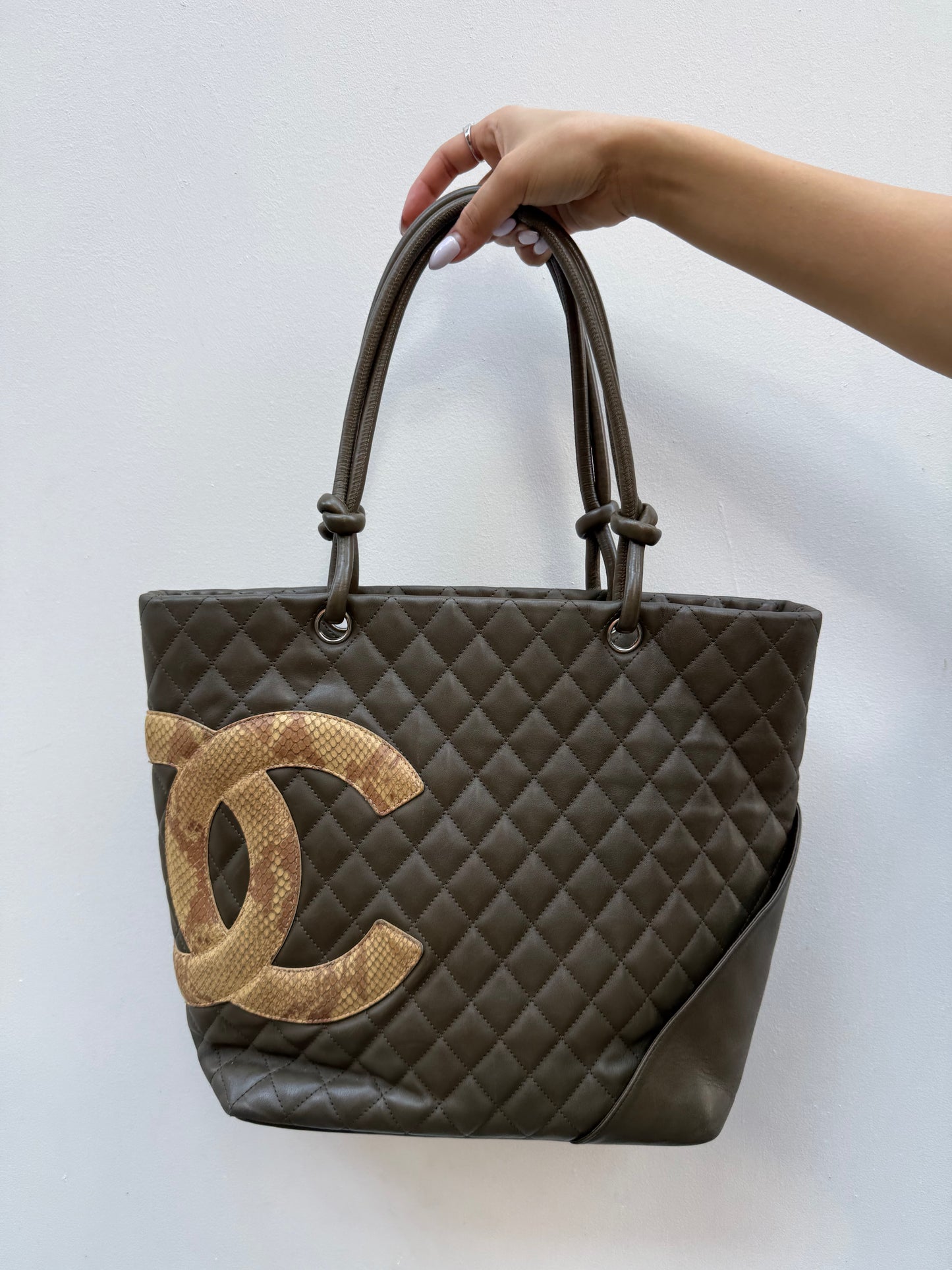 Chanel 2004 Olive Green Leather Python CC Cambon Medium Tote Bag