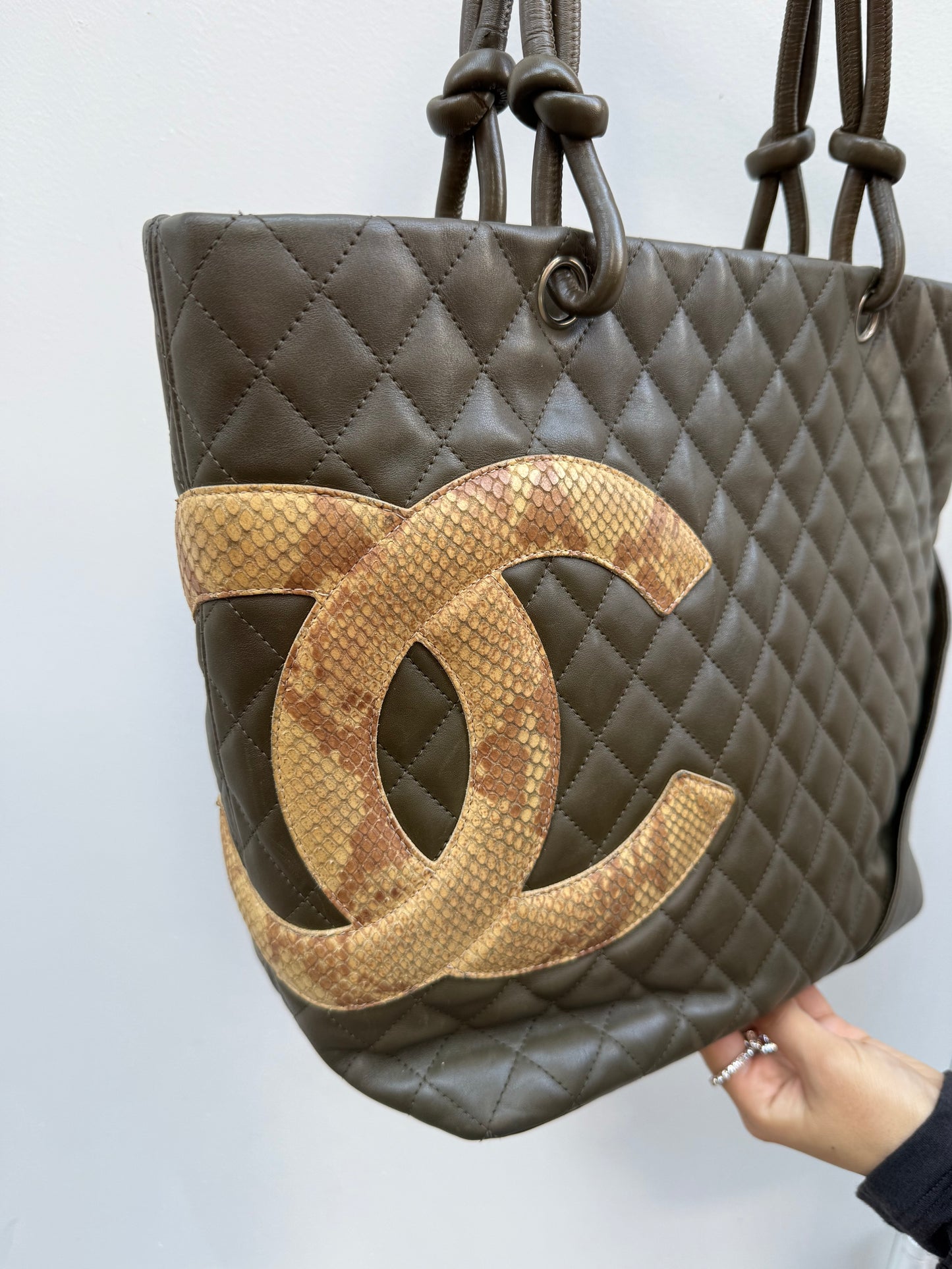 Chanel 2004 Olive Green Leather Python CC Cambon Medium Tote Bag