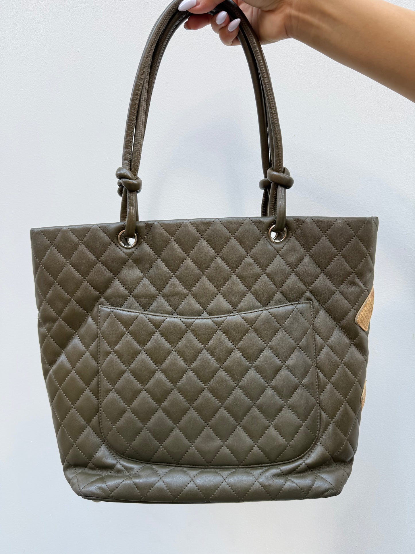 Chanel 2004 Olive Green Leather Python CC Cambon Medium Tote Bag
