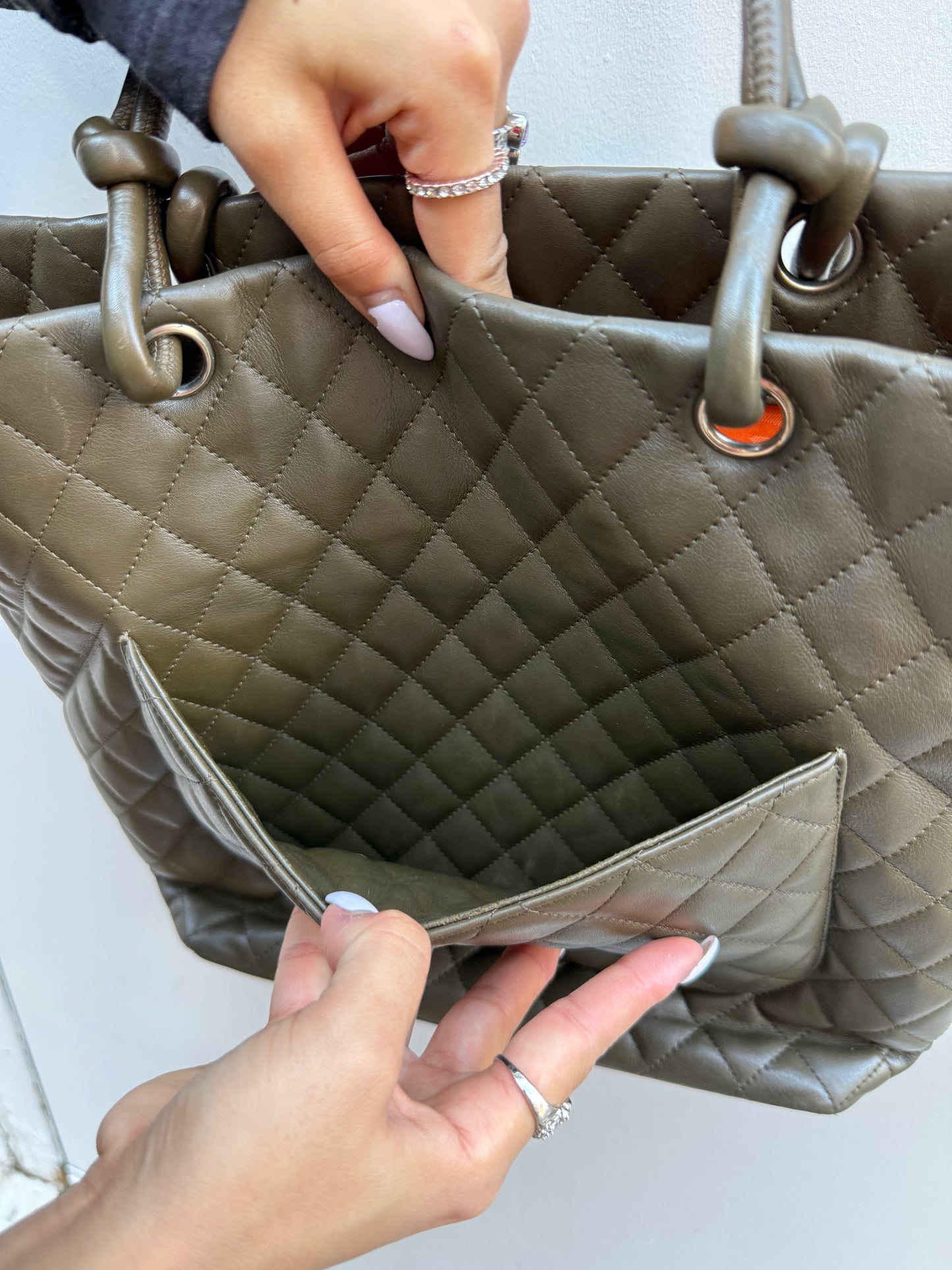 Chanel 2004 Olive Green Leather Python CC Cambon Medium Tote Bag