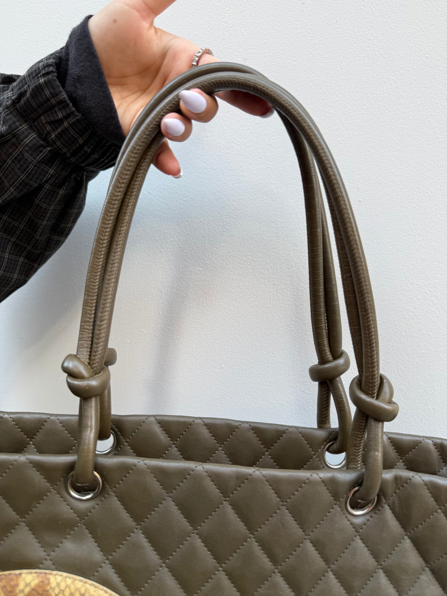 Chanel 2004 Olive Green Leather Python CC Cambon Medium Tote Bag