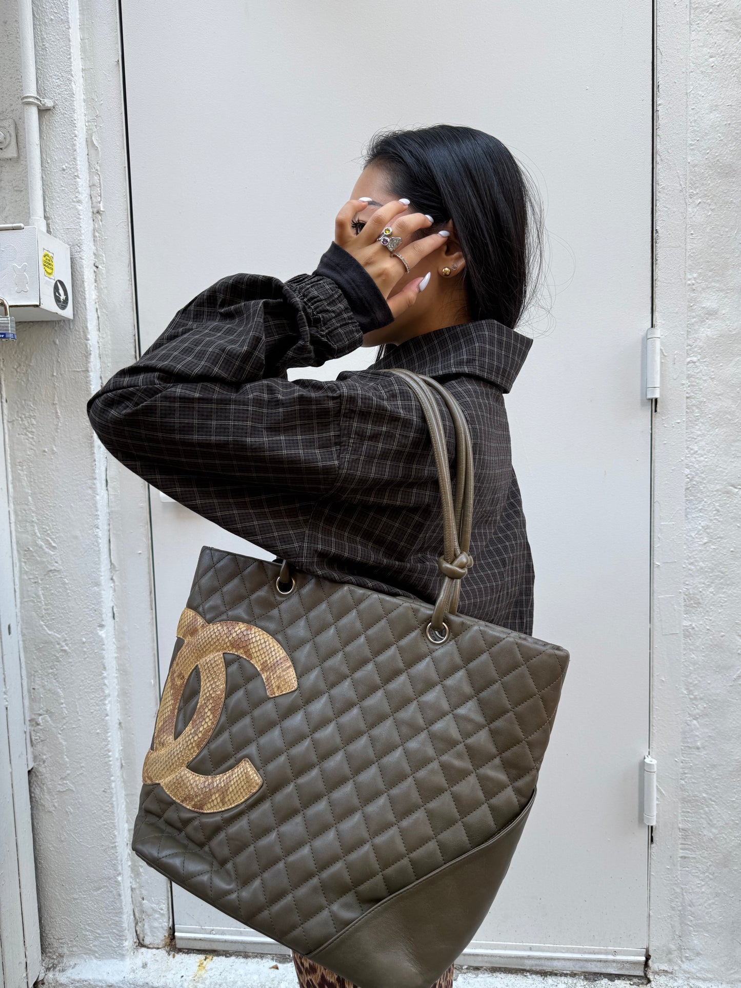 Chanel 2004 Olive Green Leather Python CC Cambon Medium Tote Bag