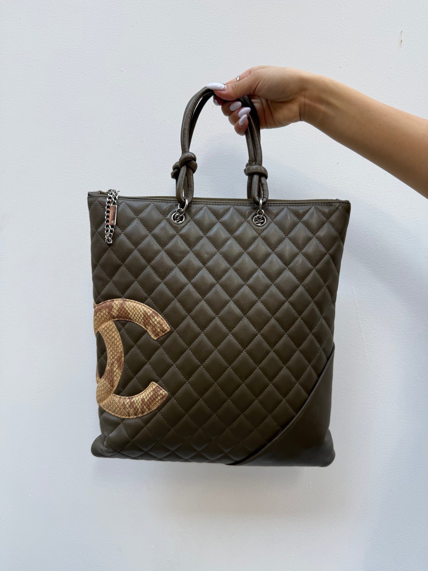 Chanel Y2K Olive Green Leather Python CC Cambon Flat Tote Bag