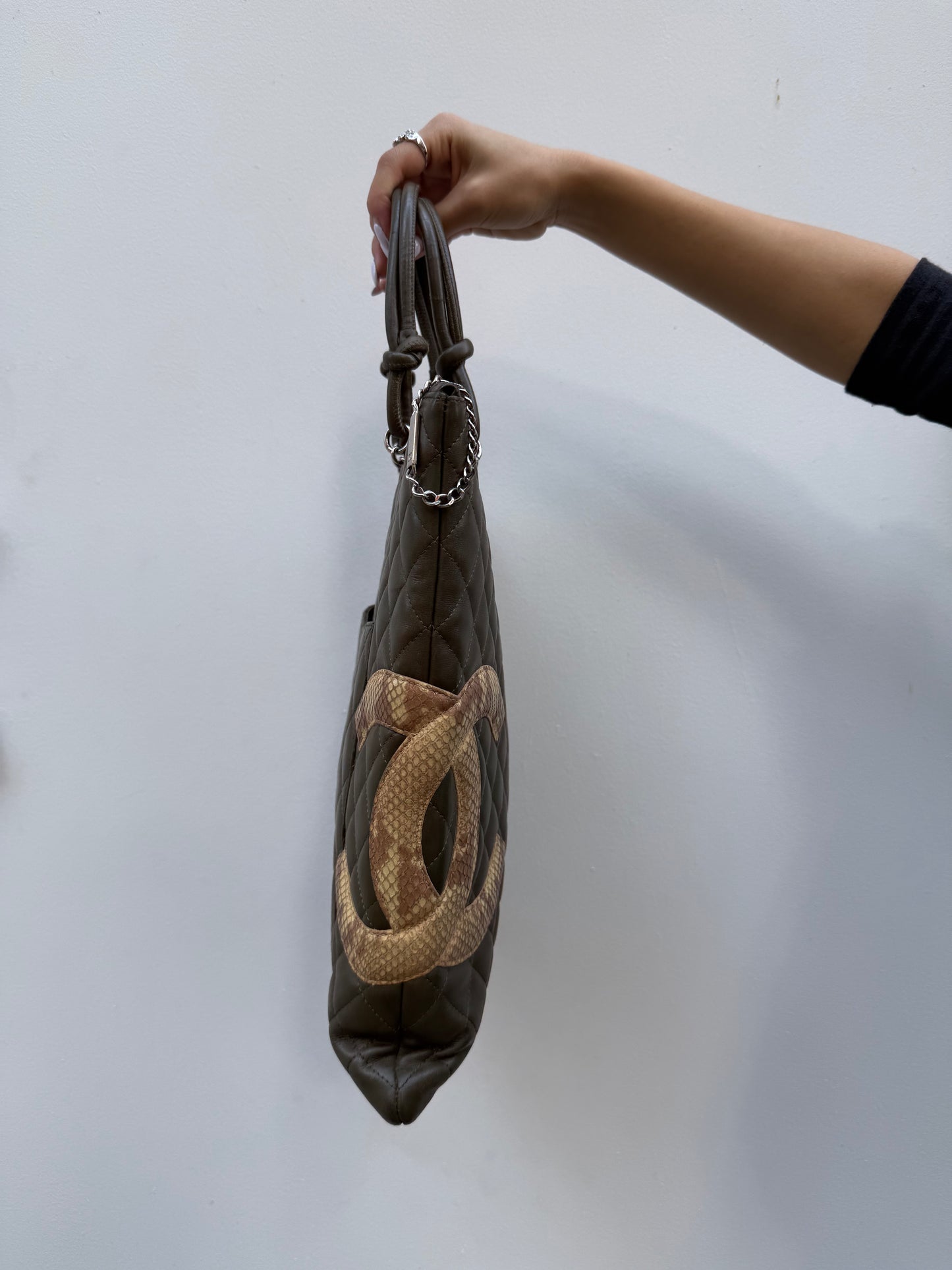 Chanel Y2K Olive Green Leather Python CC Cambon Flat Tote Bag