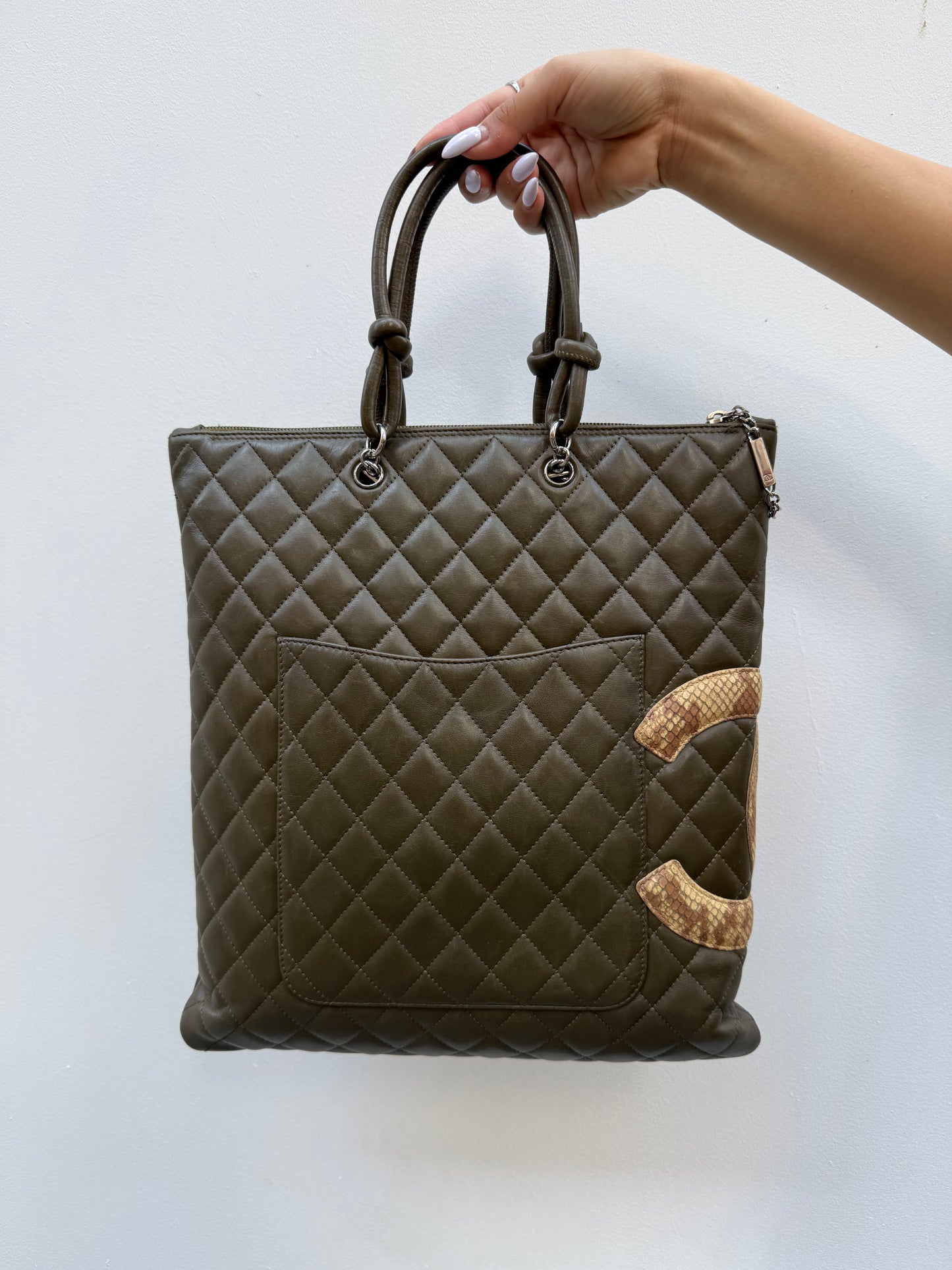 Chanel Y2K Olive Green Leather Python CC Cambon Flat Tote Bag
