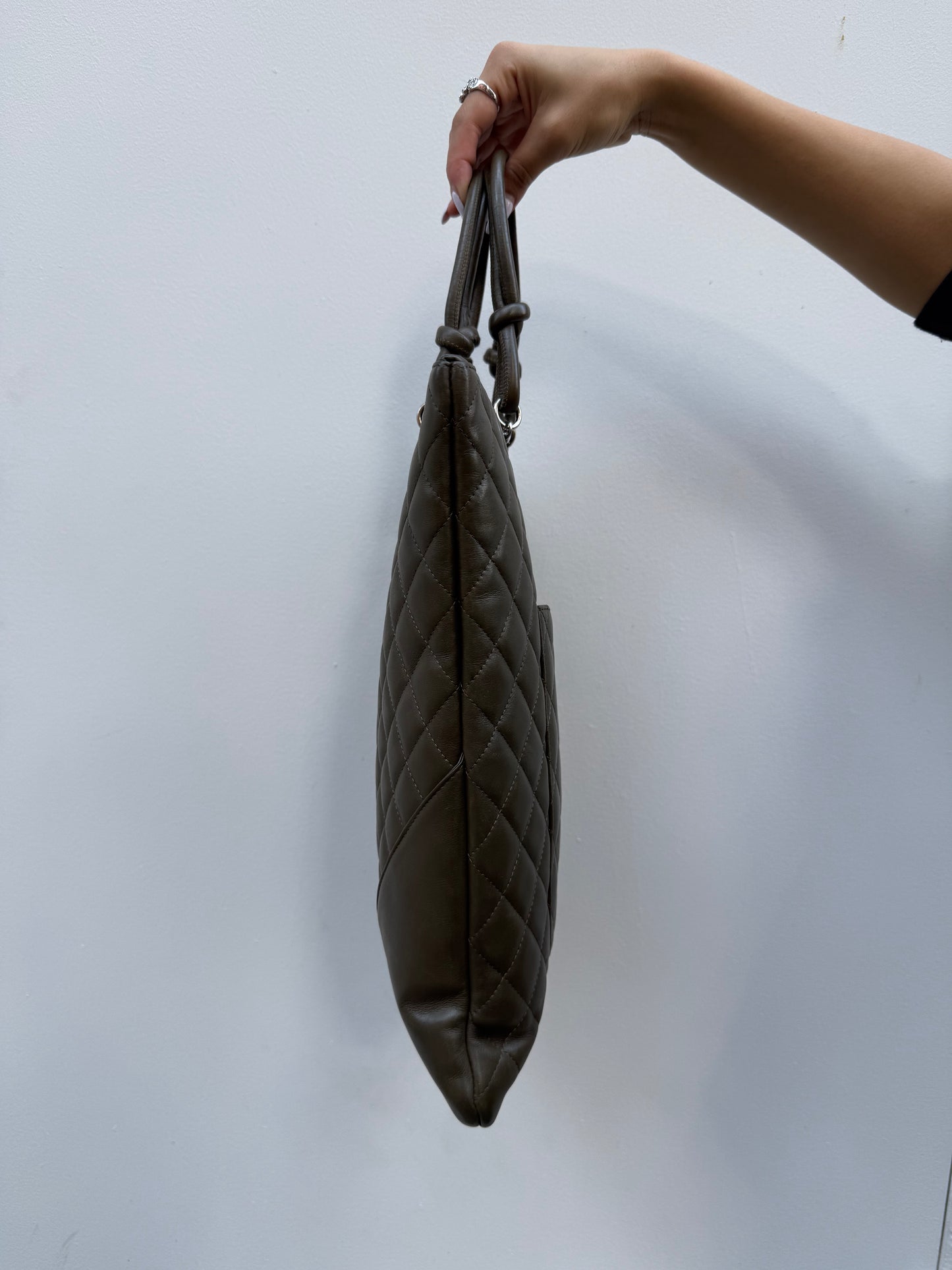 Chanel Y2K Olive Green Leather Python CC Cambon Flat Tote Bag
