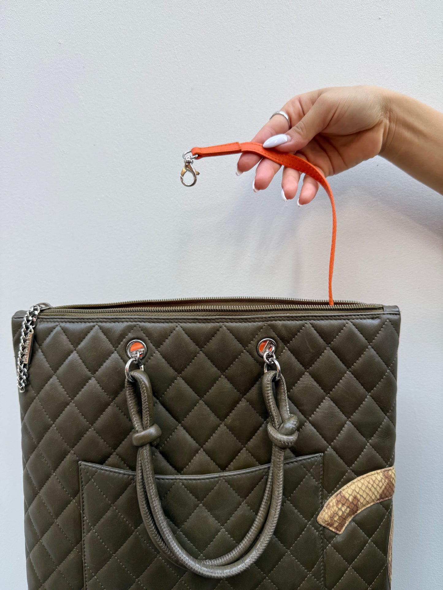 Chanel Y2K Olive Green Leather Python CC Cambon Flat Tote Bag
