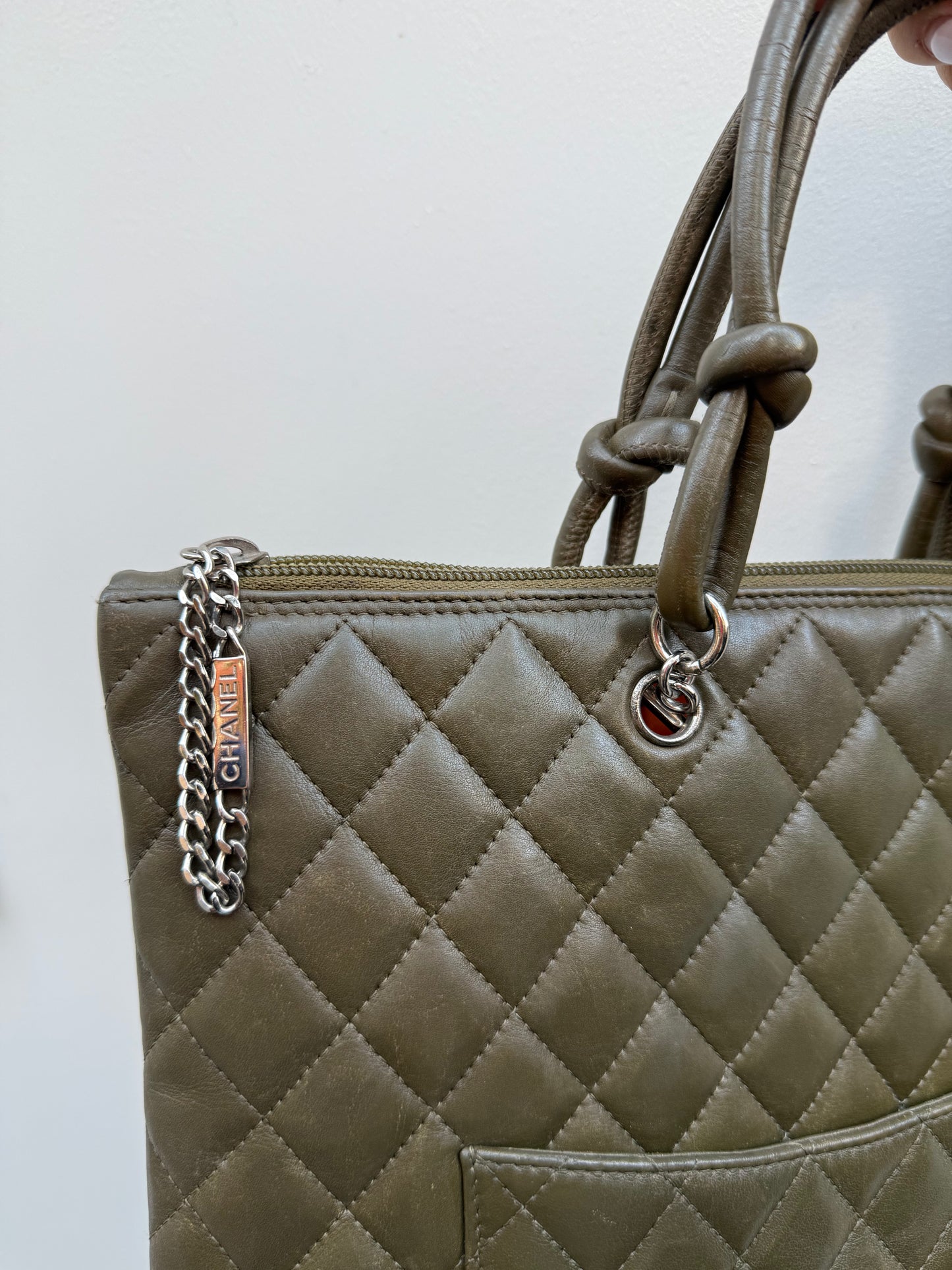 Chanel Y2K Olive Green Leather Python CC Cambon Flat Tote Bag