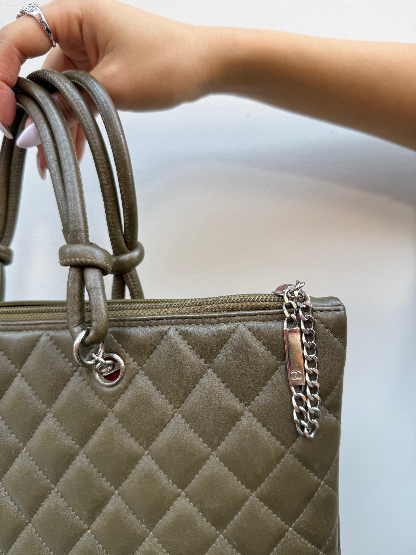 Chanel Y2K Olive Green Leather Python CC Cambon Flat Tote Bag