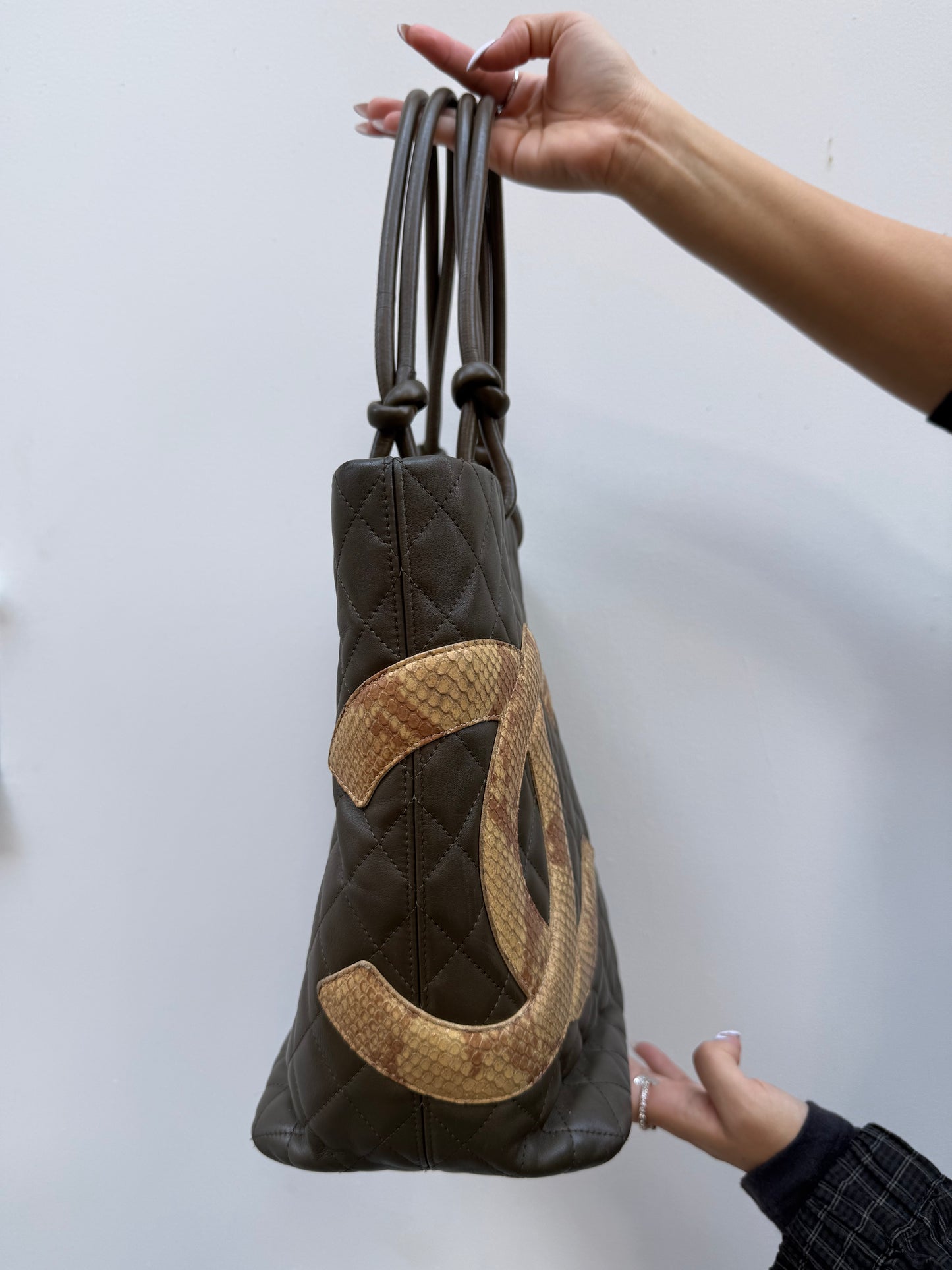 Chanel Y2K Olive Green Leather Python CC Cambon Flat Tote Bag