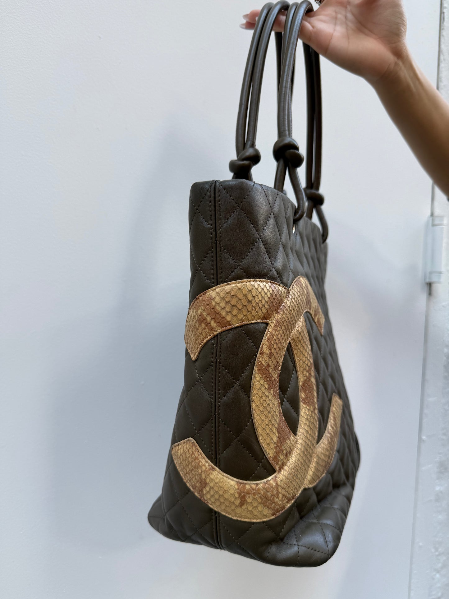 Chanel Y2K Olive Green Leather Python CC Cambon Flat Tote Bag
