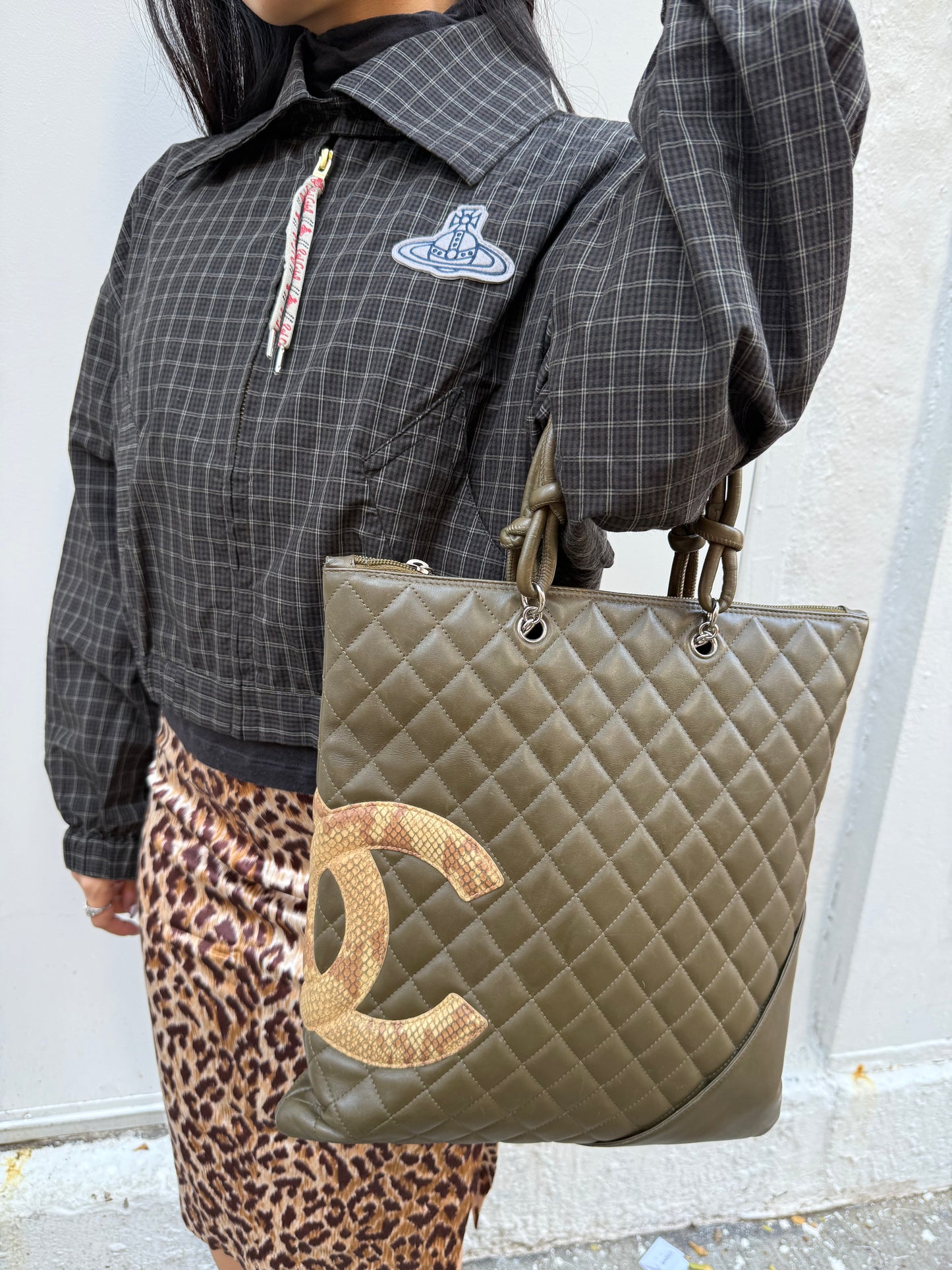 Chanel Y2K Olive Green Leather Python CC Cambon Flat Tote Bag