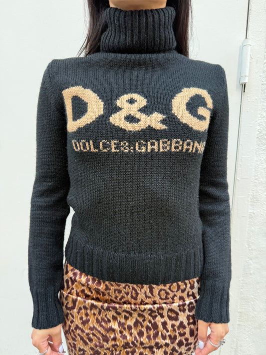 D&G Dolce & Gabbana Y2K Black Wool Brown Logo Turtleneck Sweater