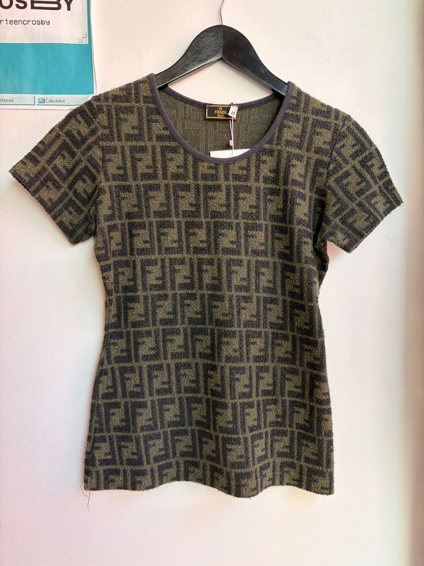 Vintage Fendi Zucca Terrycloth T Shirt in Green and Black
