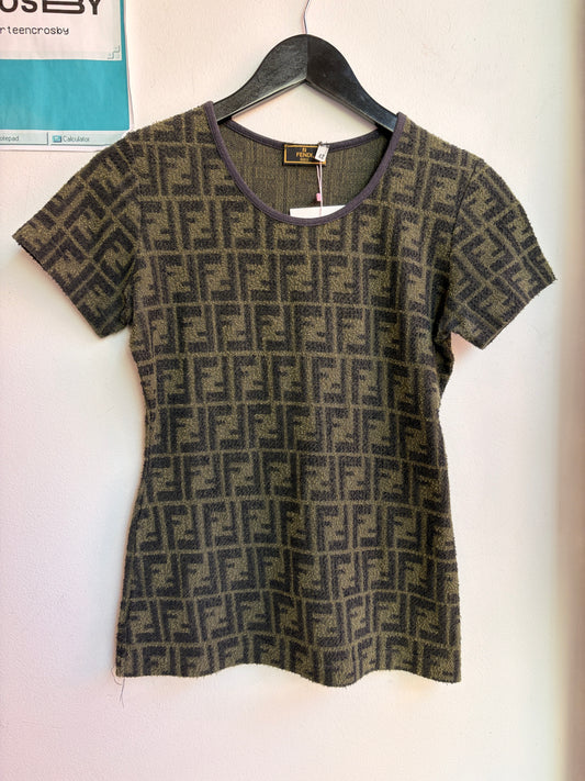 Vintage Fendi Zucca Terrycloth T Shirt in Green and Black