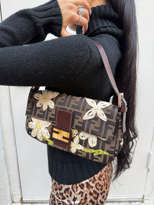 Fendi Y2K Zucca Floral Embroidered Baguette Shoulder Bag