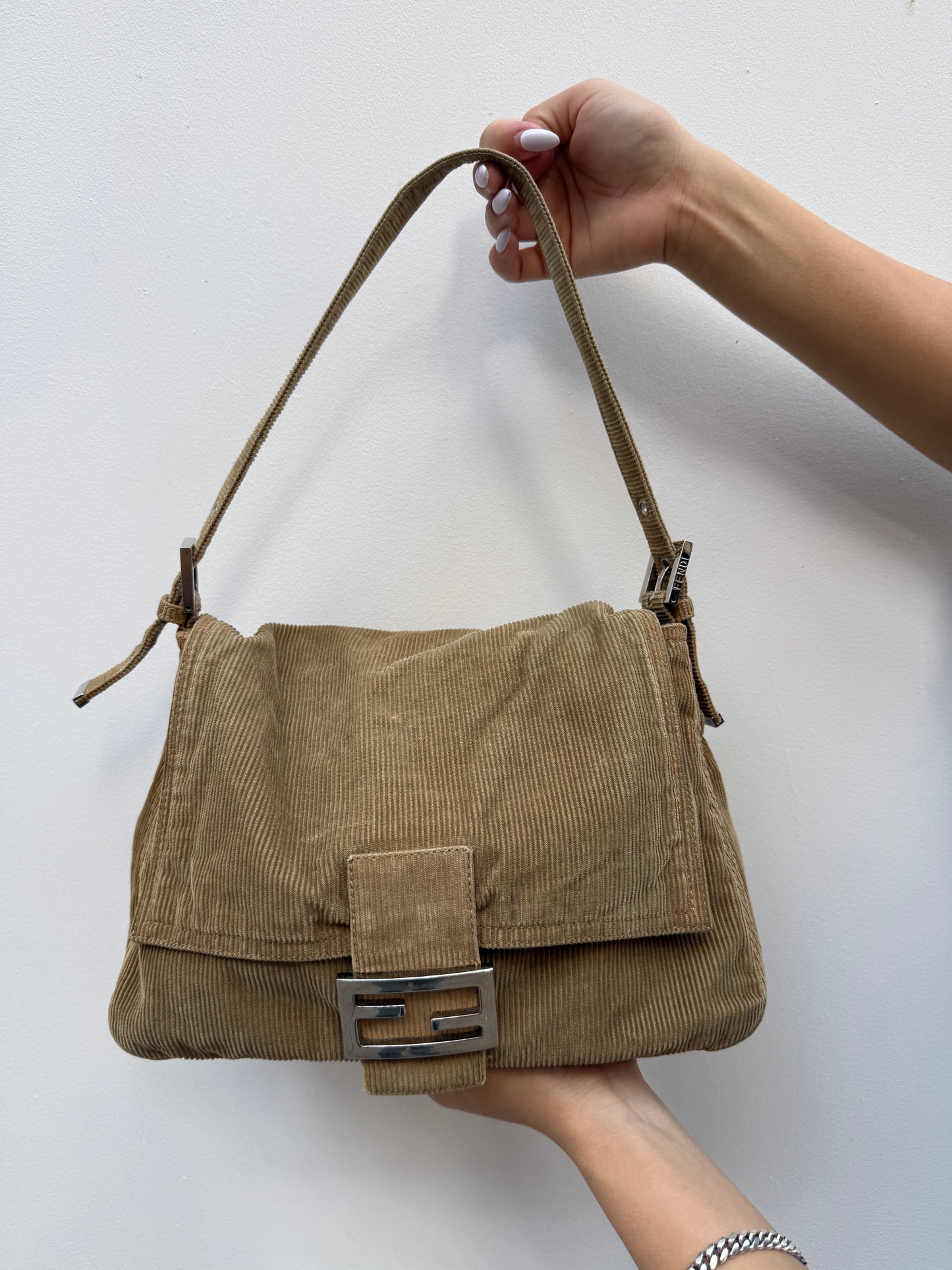 Fendi Y2K Light Brown Corduroy Mamma Baguette Shoulder Bag