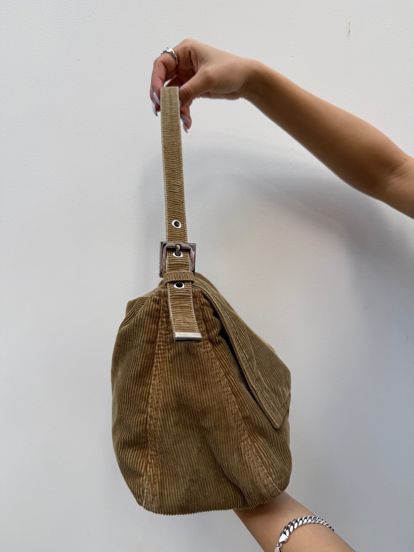 Fendi Y2K Light Brown Corduroy Mamma Baguette Shoulder Bag