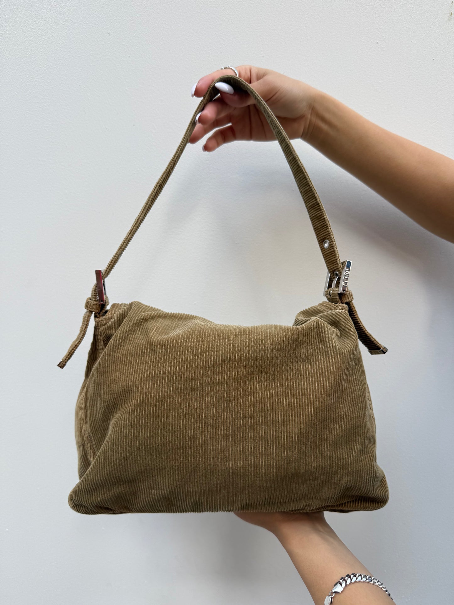 Fendi Y2K Light Brown Corduroy Mamma Baguette Shoulder Bag