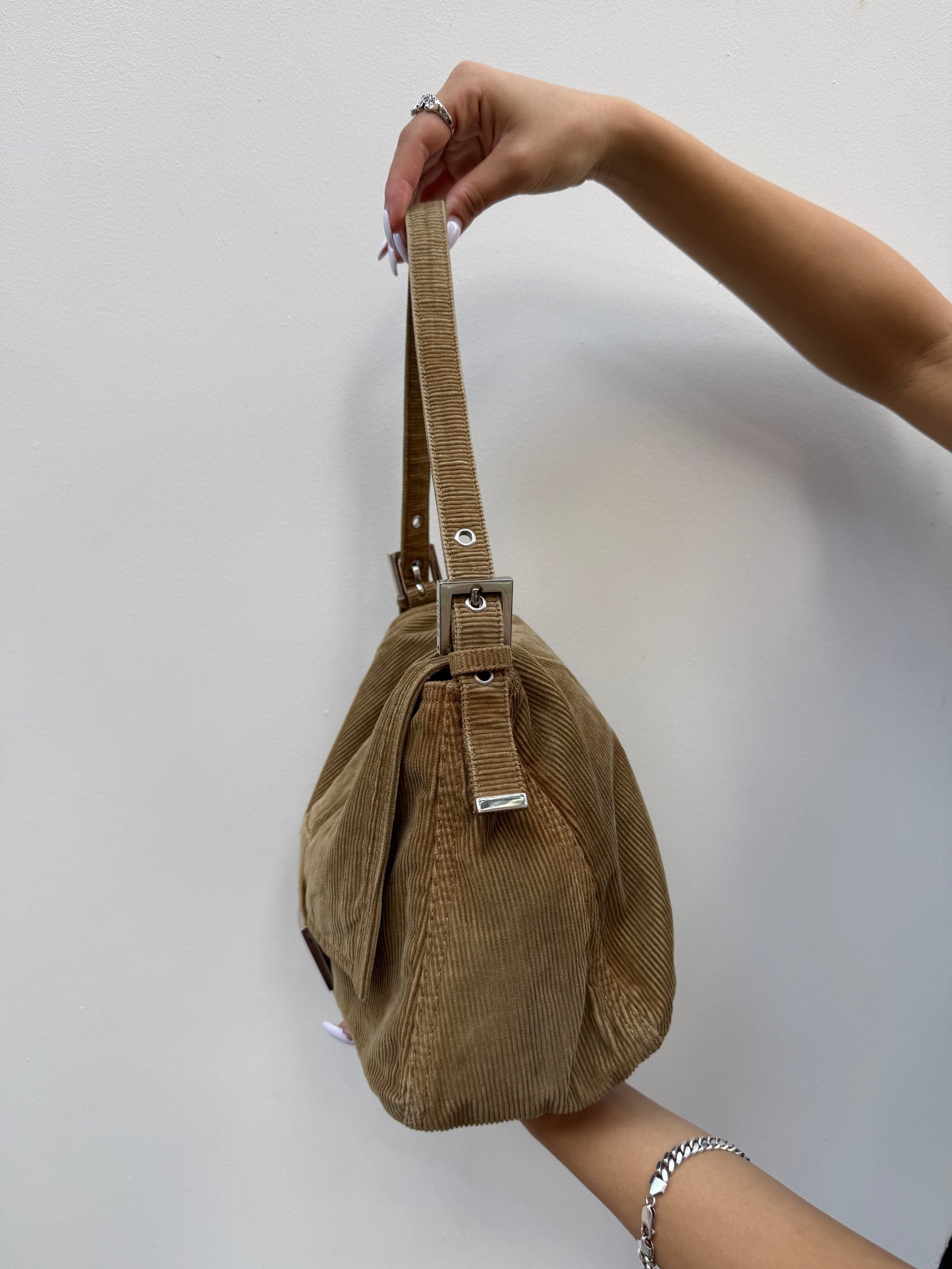 Fendi Y2K Light Brown Corduroy Mamma Baguette Shoulder Bag