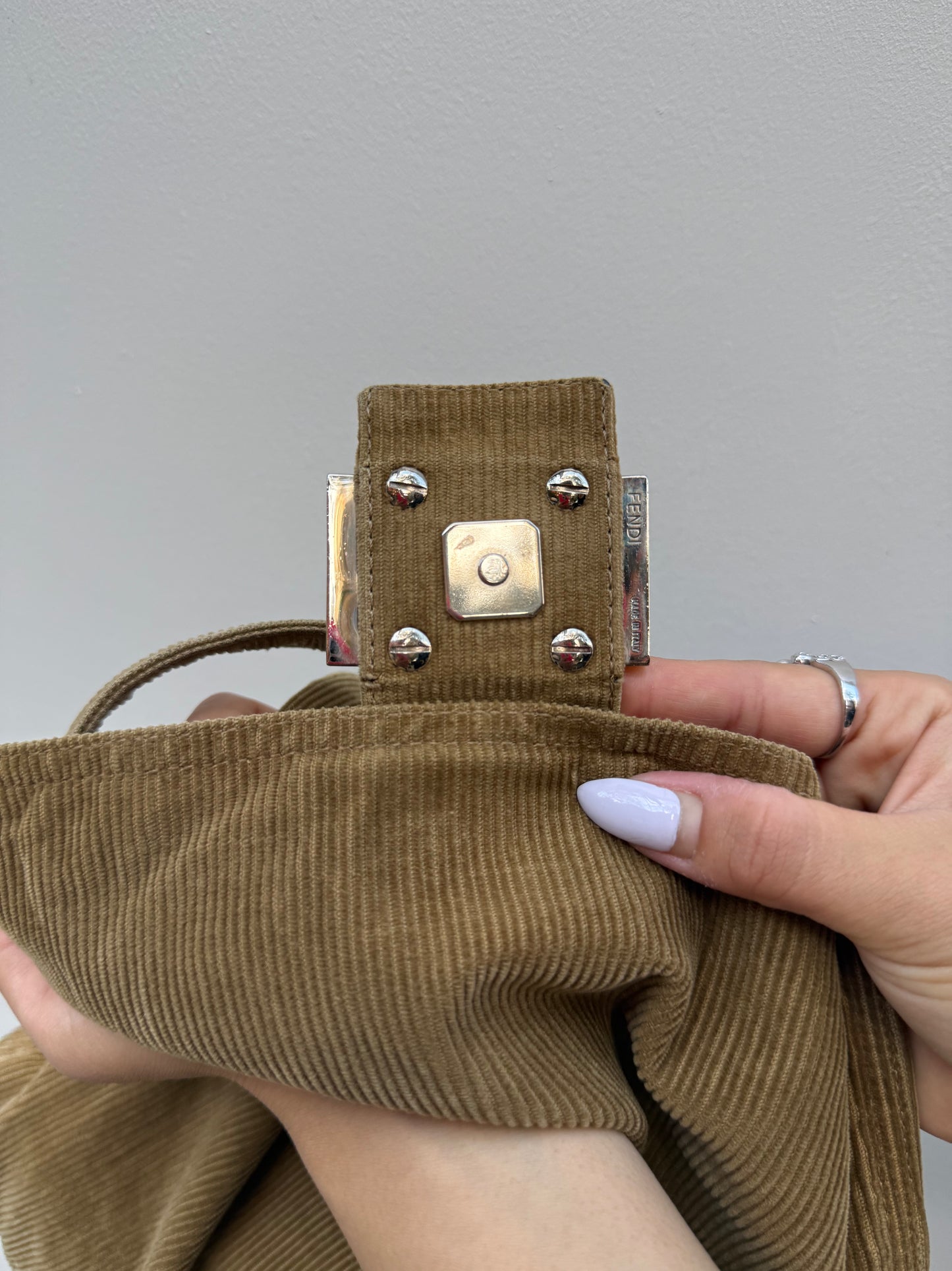 Fendi Y2K Light Brown Corduroy Mamma Baguette Shoulder Bag