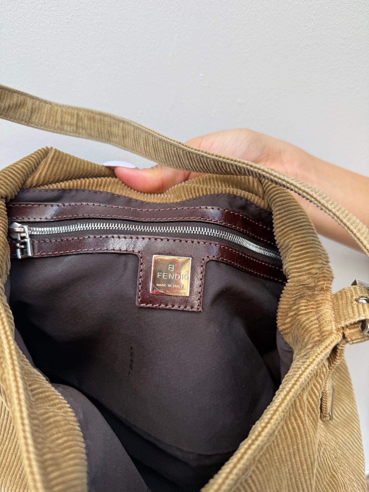 Fendi Y2K Light Brown Corduroy Mamma Baguette Shoulder Bag
