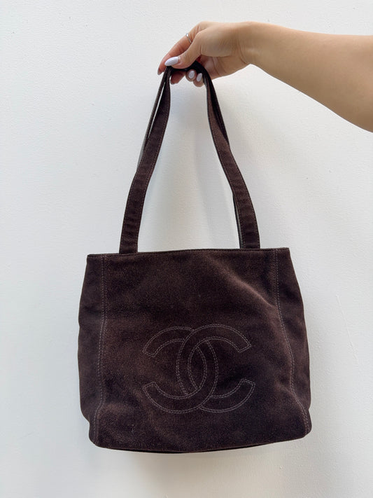 Chanel Vintage 1990s Brown Suede CC Timeless Tote Bag