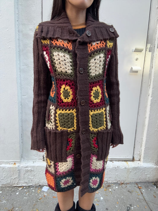 Dolce & Gabbana Vintage Brown Floral Crochet Knit Long Cardigan