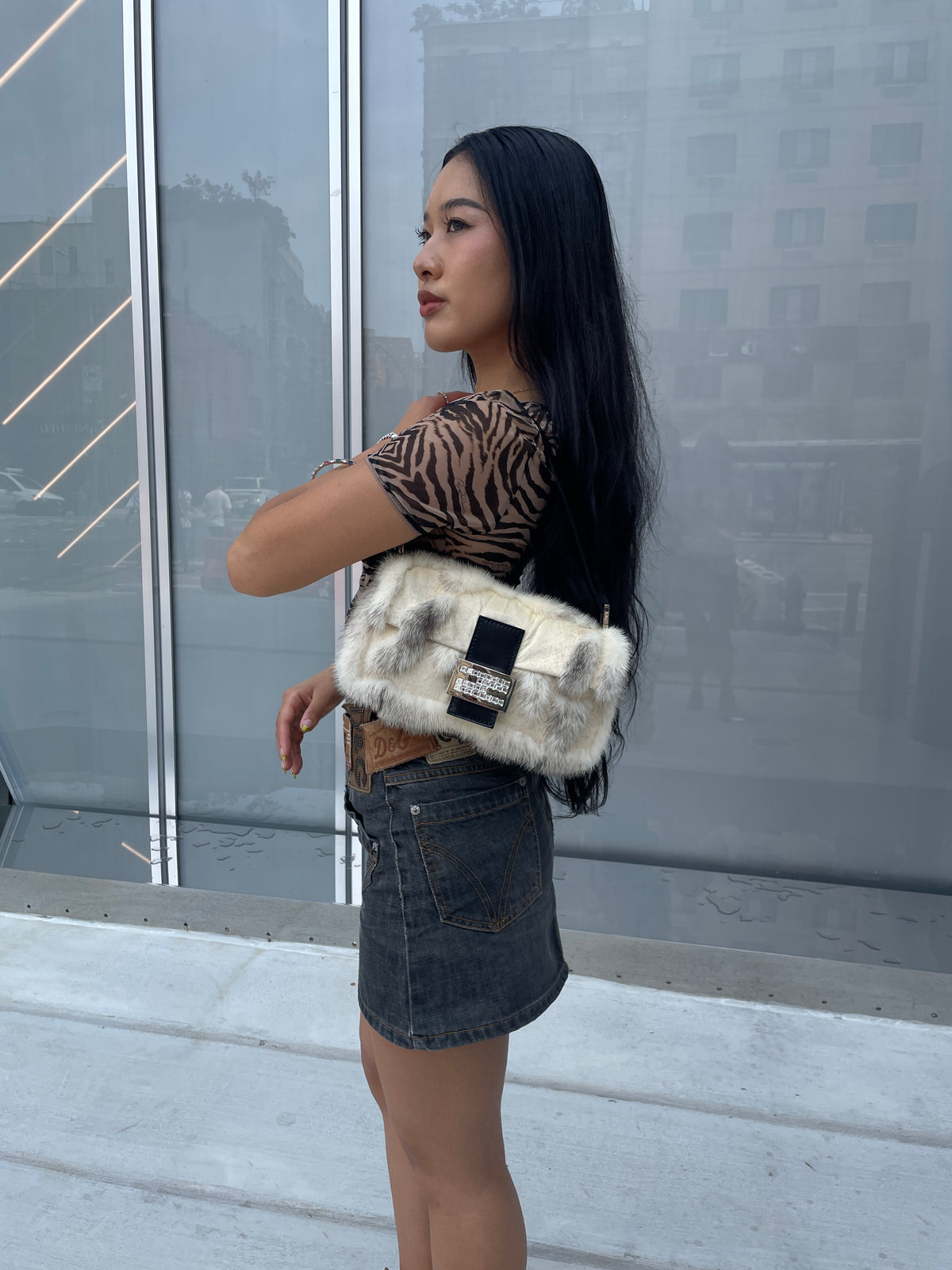 Fendi White Mink Patchwork Baguette
