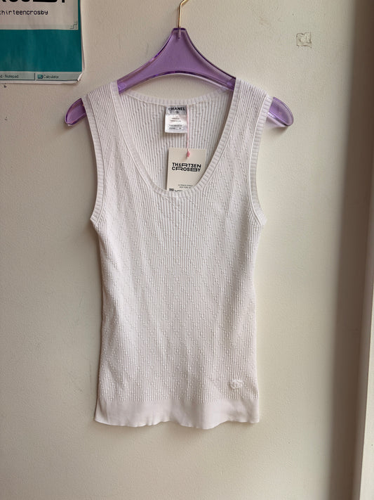 Chanel White Quilted Knit Tank Top with CC Logo