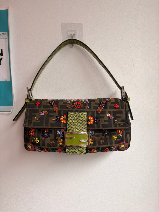 Fendi Zucca Baguette 2000 Ricami Beaded Flowers Shoulder Bag