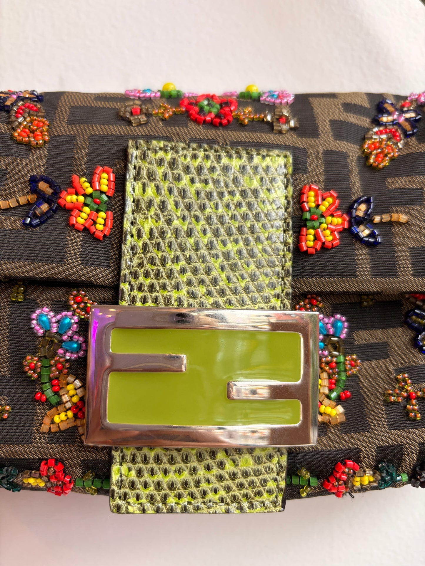 Fendi Zucca Baguette 2000 Ricami Beaded Flowers Shoulder Bag