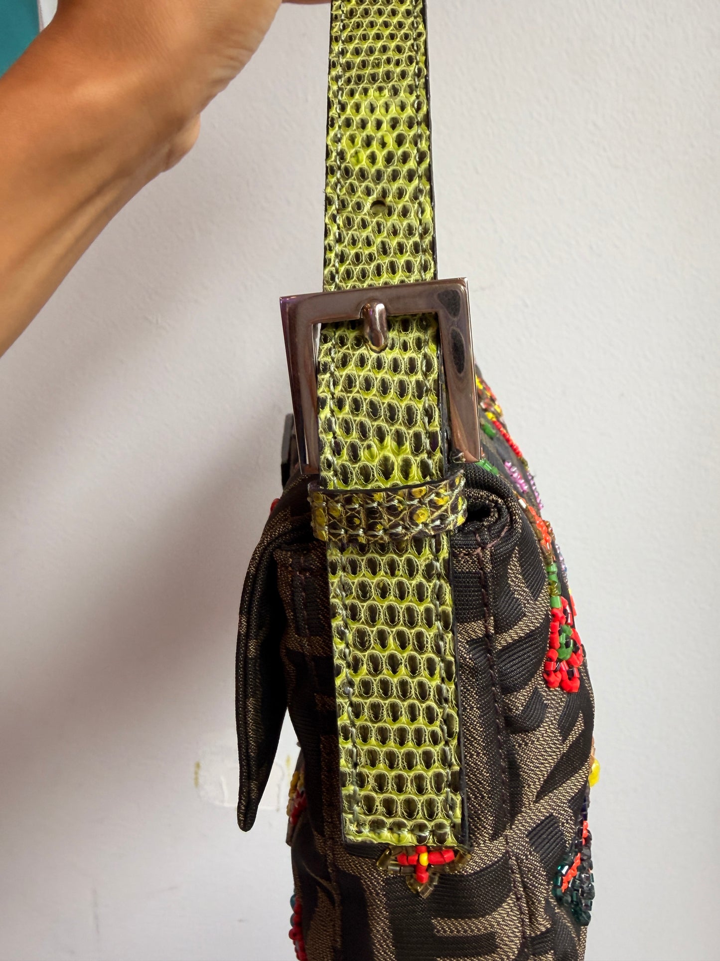 Fendi Zucca Baguette 2000 Ricami Beaded Flowers Shoulder Bag