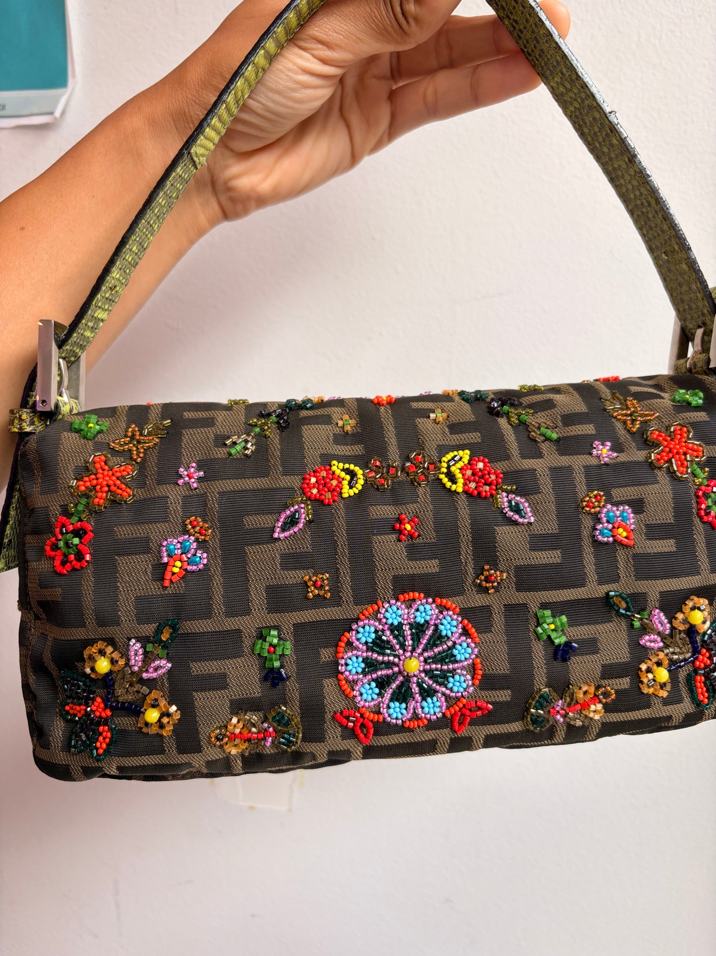 Fendi Zucca Baguette 2000 Ricami Beaded Flowers Shoulder Bag