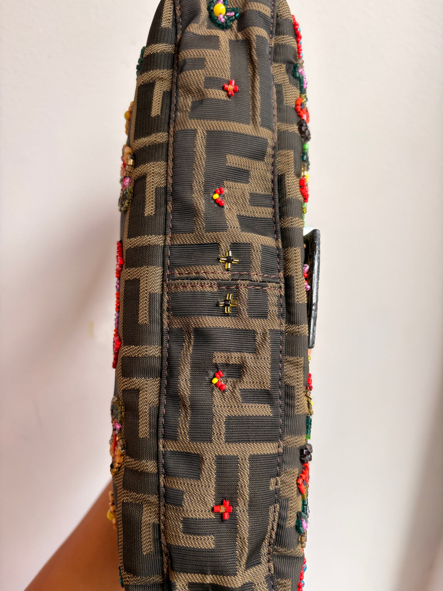 Fendi Zucca Baguette 2000 Ricami Beaded Flowers Shoulder Bag